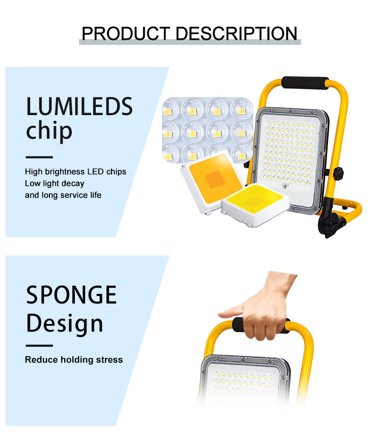 50W Portable LED Work Light 5000LM 4 Brightness Modes Adjustable Job Site Lights