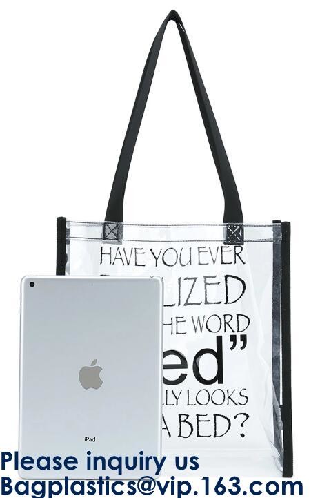 Beach Bag Clear PVC Bag Tote With Inner Pocket And Zipper Closure,PVC Bag Beach Tote With Black Handles, Bagease