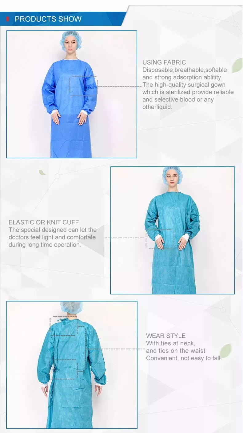 SMMS Blue Color EN 13795 Knitted Cuff Surgical Gown with Ultrasonic Sewing