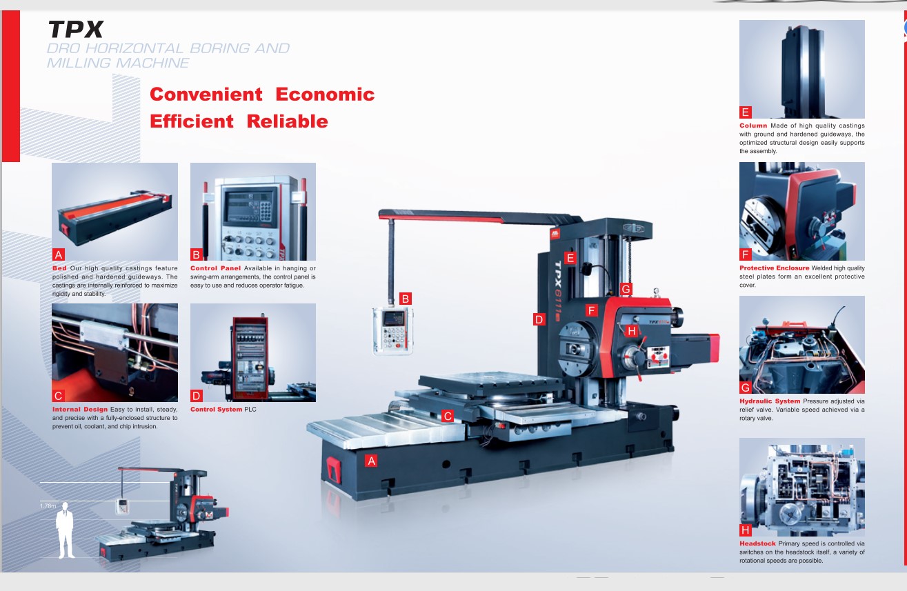 TPX6111B Horizontal Boring Milling Machine Digital Readout For Stainless Steel Iron Drilling