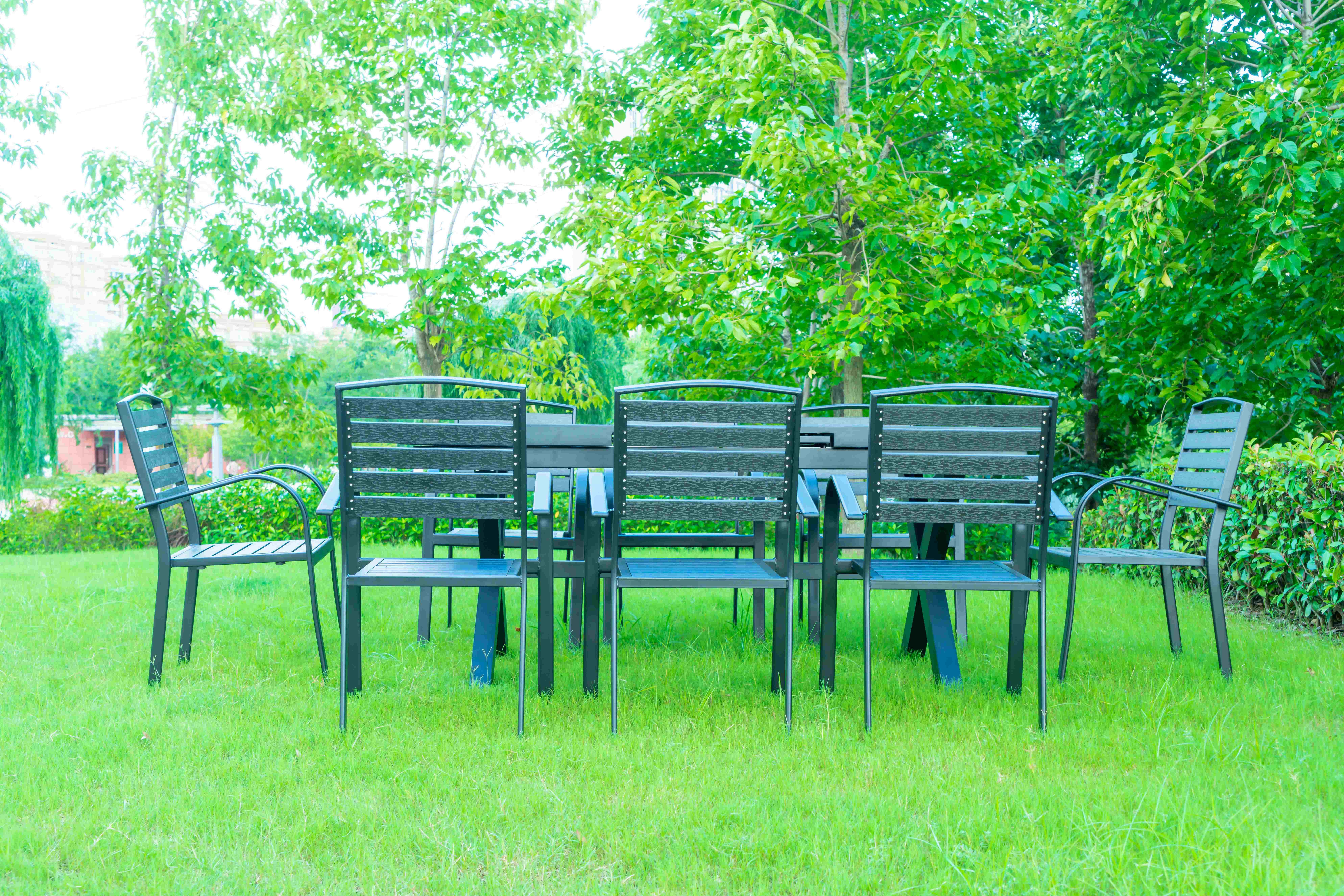 9 Pieces Black Plastic Wood Modern Outdoor Garden Furniture Table Set 8-10 Seater Extendable Patio Dining Table Chairs
