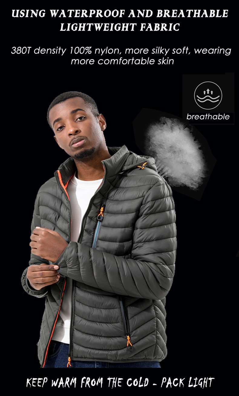 New men's autumn winter down jacket lightweight casual warm long sleeve cotton waterproof windproof coat with a detachable hood