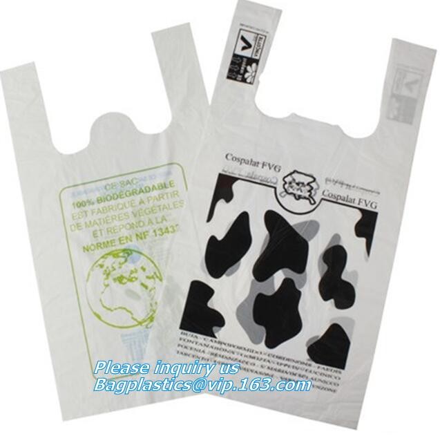 100%Biodegradable and Compostable T-shirt Bags/vest carrier PE plastic bag, vest carrier plastic T-shirt shopping bag
