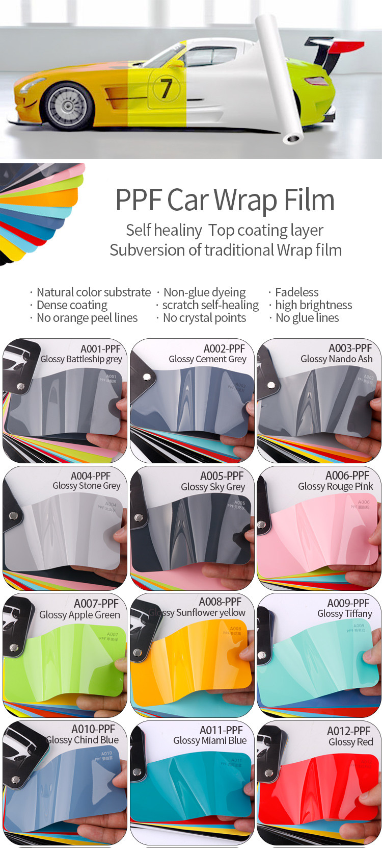1.52x15m TPU Glossy white Vinyl Air Bubble Free Wrapping Glossy Sky Grey Paint Protection Smart Tint PPF Car Color Changing Film TPU tph PPF color