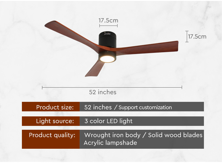 Modern 3 Blade Natural Wood LED Flush Mounted Ceiling Fan with 5 Speeds DC Motor