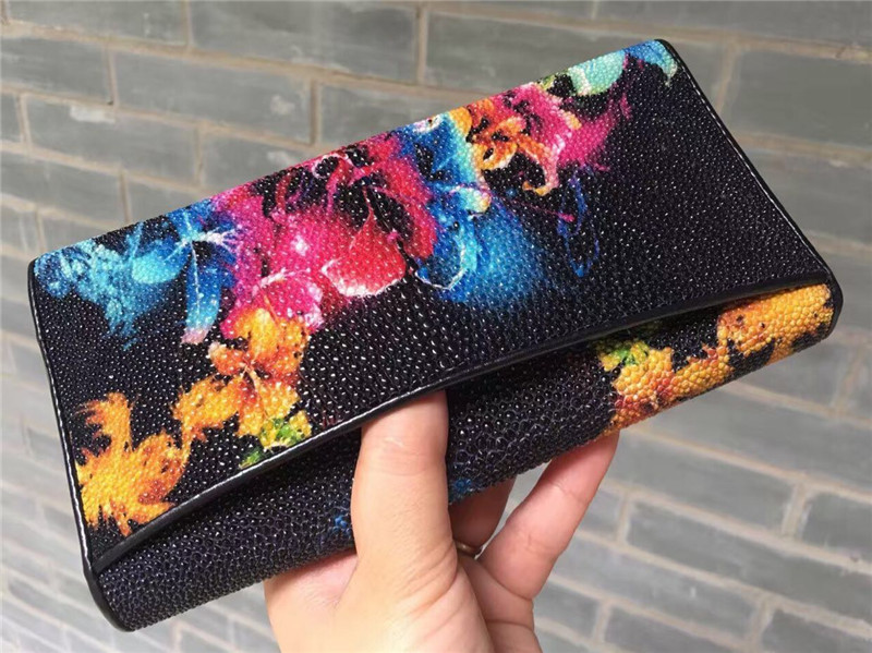 Authentic Stingray Skin Closure Female Large Flower Purse Wallet Genuine Leather Lady Phone Clutch Women Card Holder