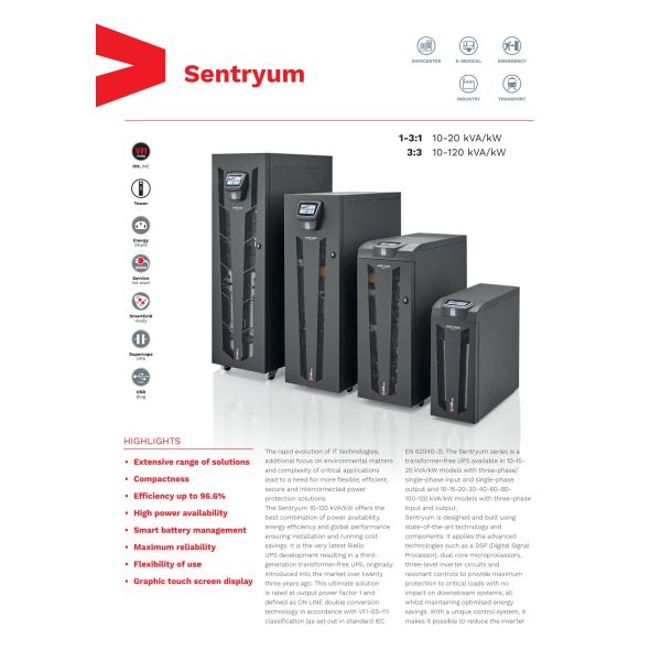 Riello Tower UPS Sentryum Series 10-120KVA 380V 3:3/3:1 Online UPS for Small Data Centre and Medical Industry