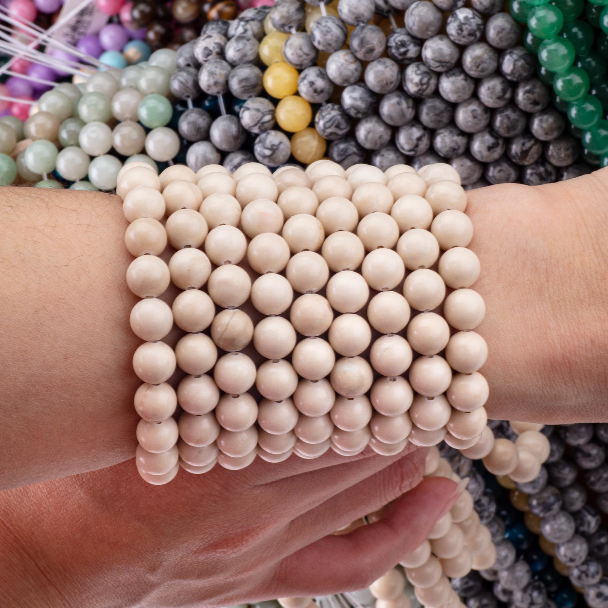 Polished White Fossil River Jasper Round Natural Stone Loose Beads For Jewelry Making