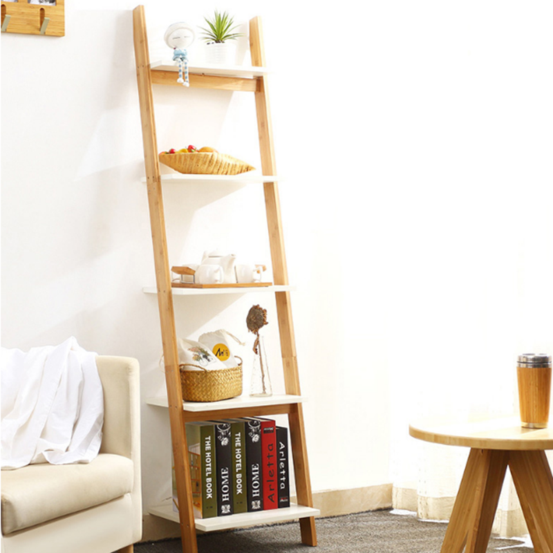 5 Tier Wall Leaning Bamboo Ladder Shelf Bathroom Bookshelf Storage