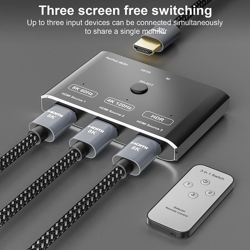 8K 120Hz HDR 3 Port HDMI Switch Switcher 3 In 1 Out Plug Remote Converter