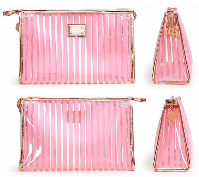 Transparent Pink Strip Pattern PVC Waterproof Makeup Cosmetic Storage Bag