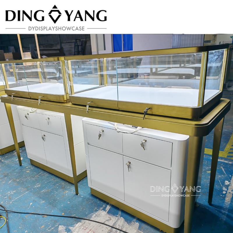 Custom Jewellery Store Showcase With Tapered Legs And Tempered Glass Panels