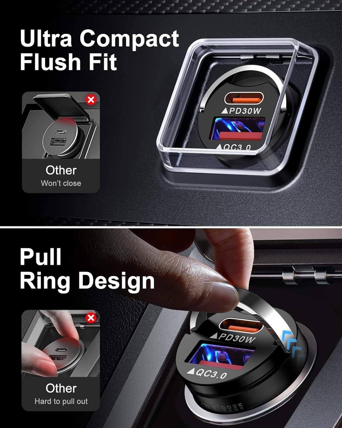USB C Car Fast Charger 30W Mini Cigarette Lighter Adapter Dual Port PD QC 3.0 Type C