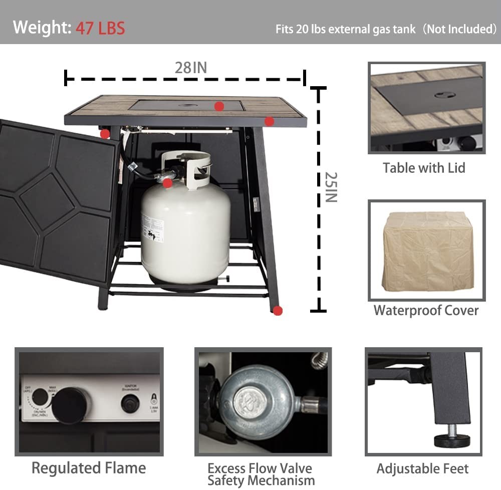 28'' Square 50,000 BTU Propane Square Fire Pit Outdoor Brazier Bench
