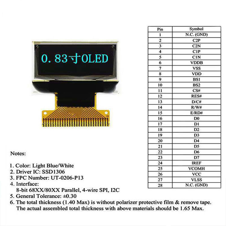 0.83 Inch Oled Graphic Display, 96x39 , 4 Wire SPI I2C Interface, IC SSD1306 Driving