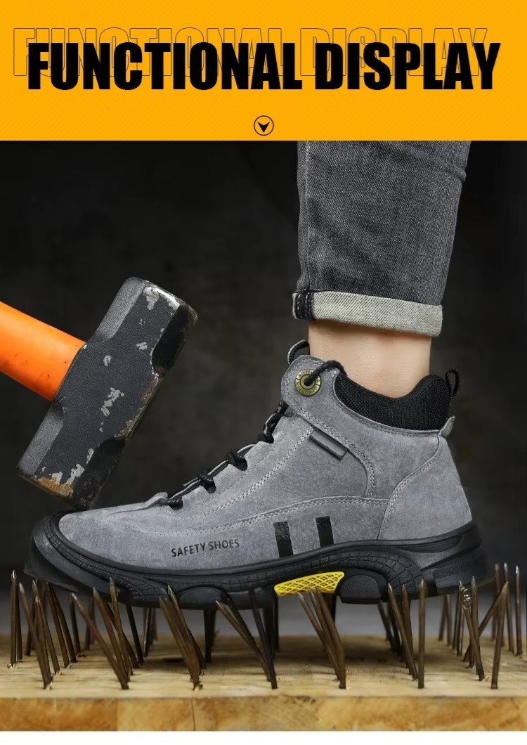 Gray Suede Safety Boots With Kevlar Midsole And Slip-Resistant Rubber Sole