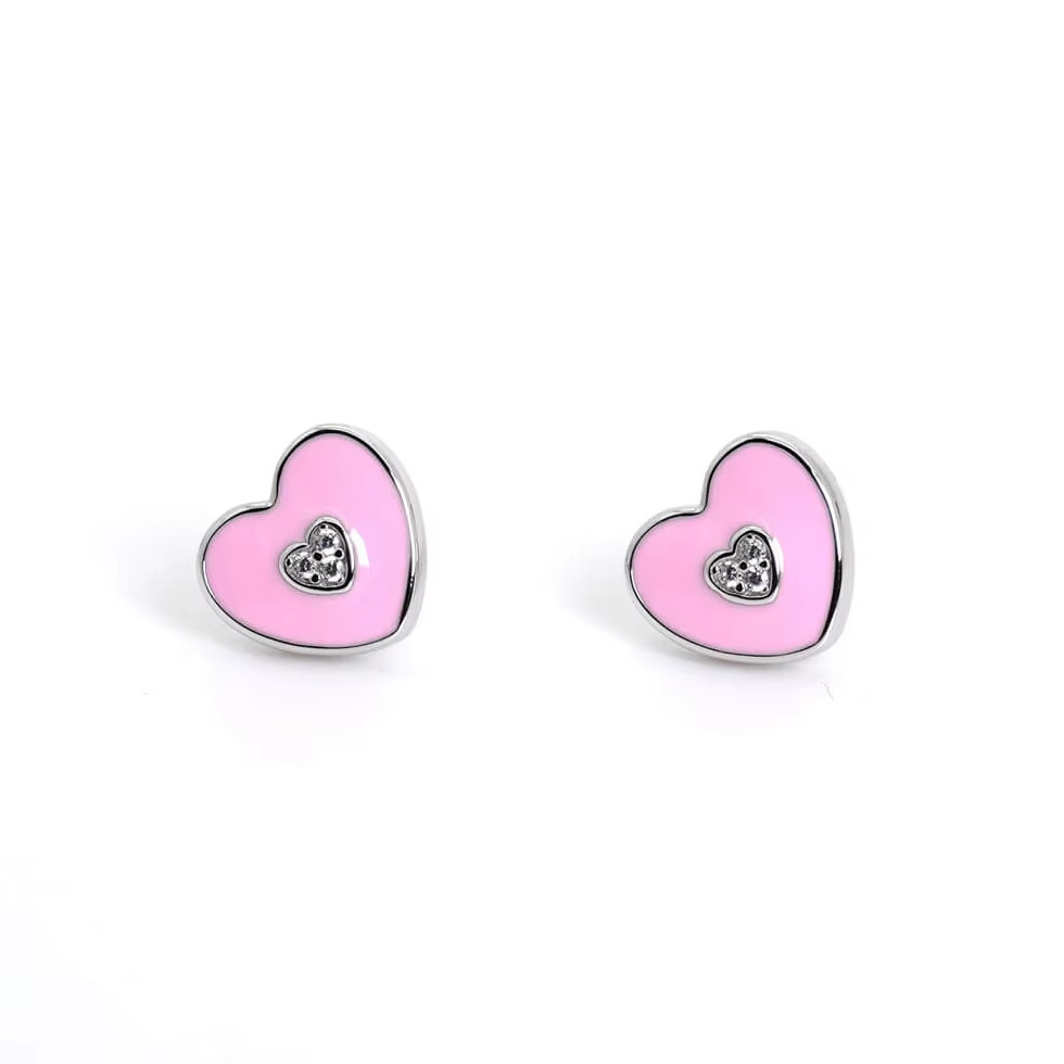 Pink Heart Stud Earrings for Kids Hypoallergenic 925 Sterling Silver Rhodium Plated Dainty Jewelry Gift for Girls