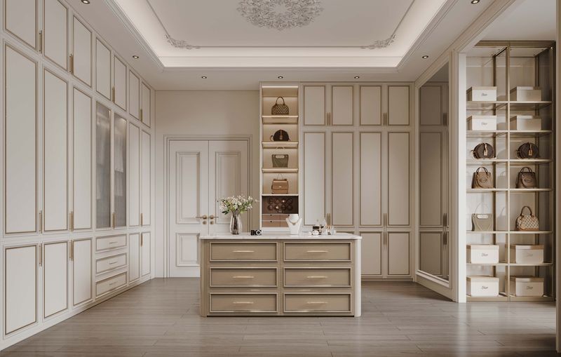 Durable Elegantly Crafted Custom Walk In Closet With Refined Gold Detailing