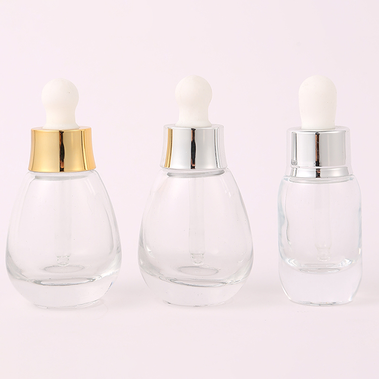 15ml 30ml 50ml Mini Luxury Unique Water Drop Shape Essential Hair Oil Dropper Empty Glass Bottle with Silver or Gold Dropper