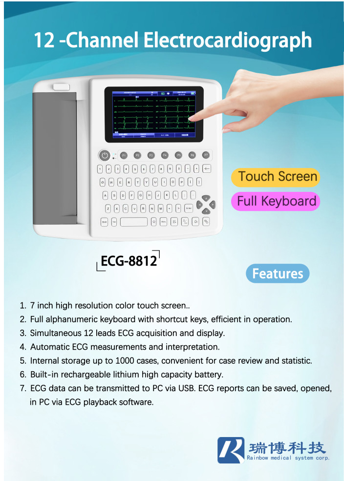 Touch Screen Portable 12 Channel 12 Lead ECG Machine With Software Storage 1000cases