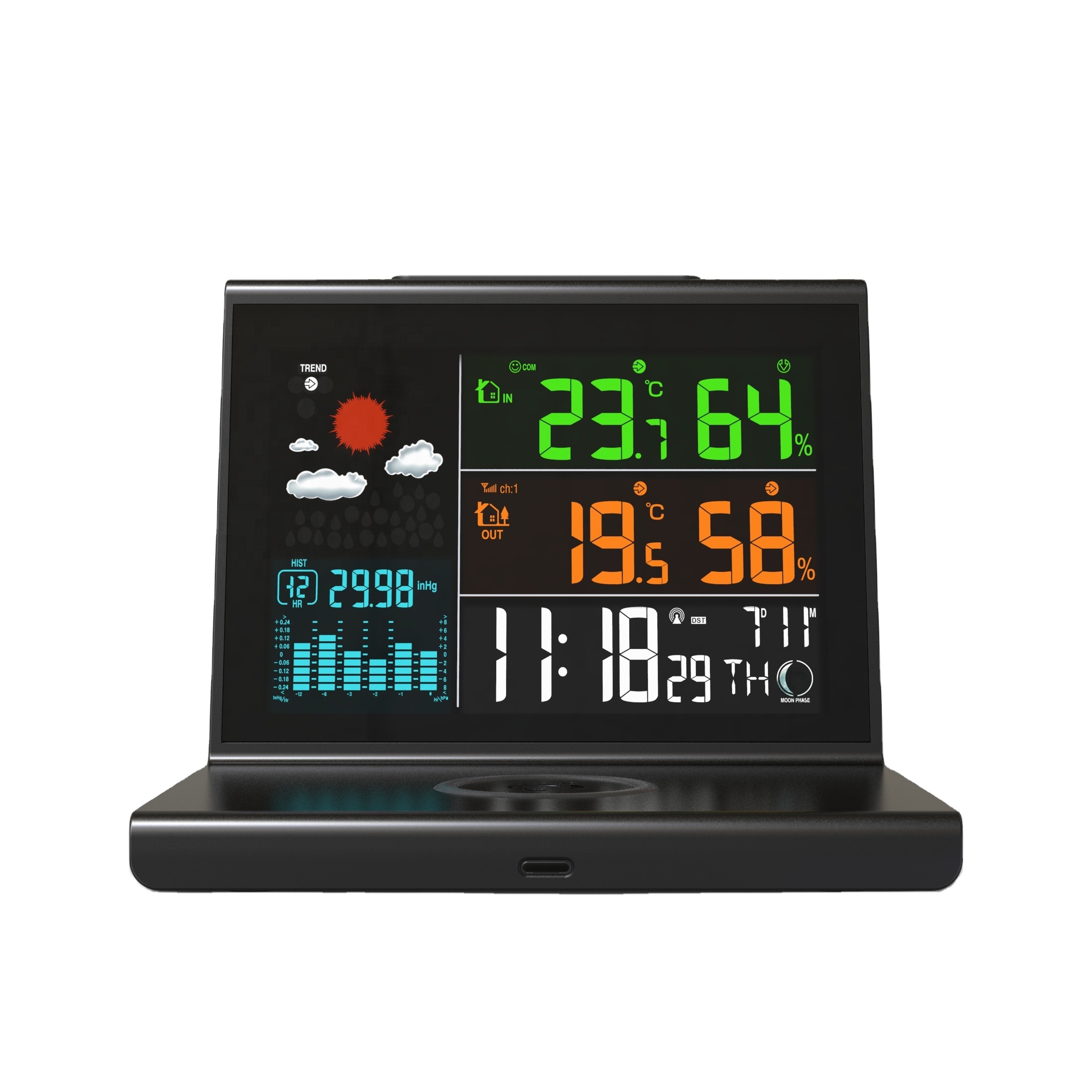 CE ROHS Home Weather Stations Plastic Wireless Weather Station With Wireless Charging Pad