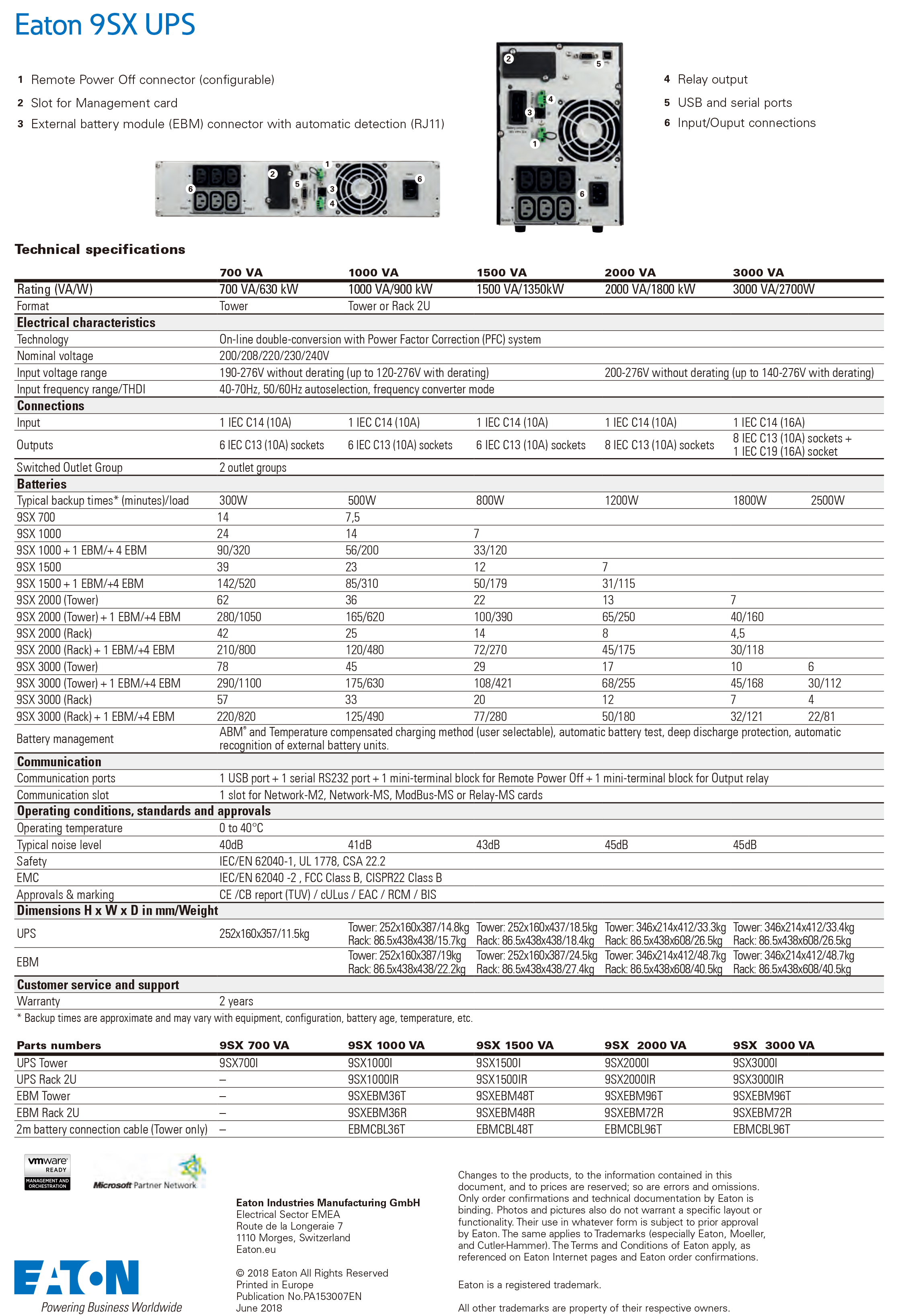 Eaton 9SX 700VA 1000VA 1500VA 2000VA 3000VA Single Phase Tower UPS for Computer/Networking