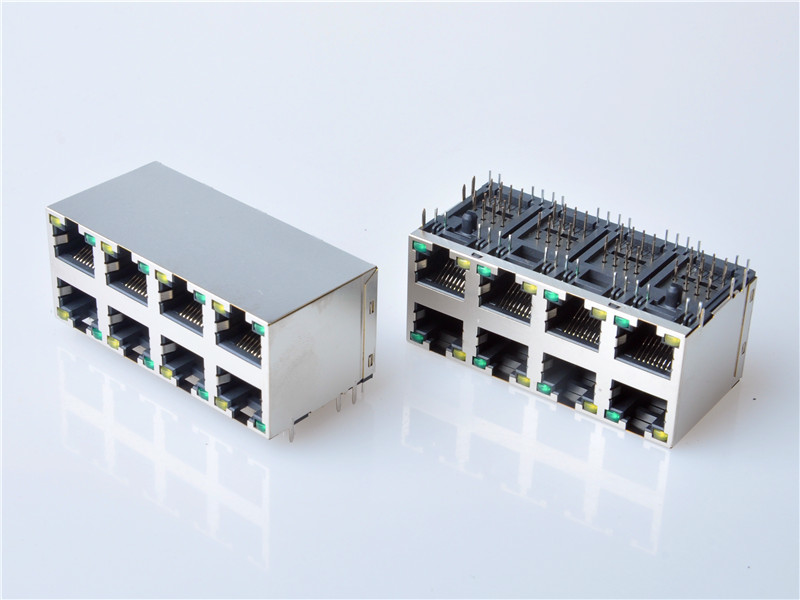Shielded RJ45 Modular Jack Connector, Through Hole Type, Side Entry, with LED, 2x4 Ports