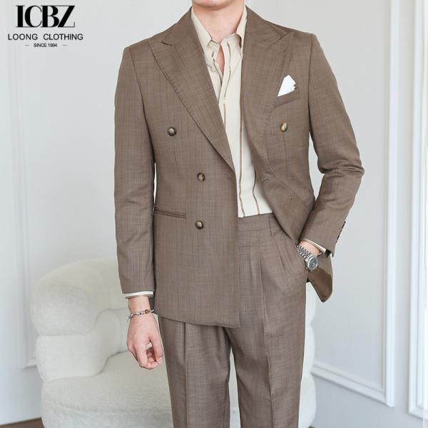 Italian Vintage Brown Suit Double Breasted Striped Jacket for Men's Professional