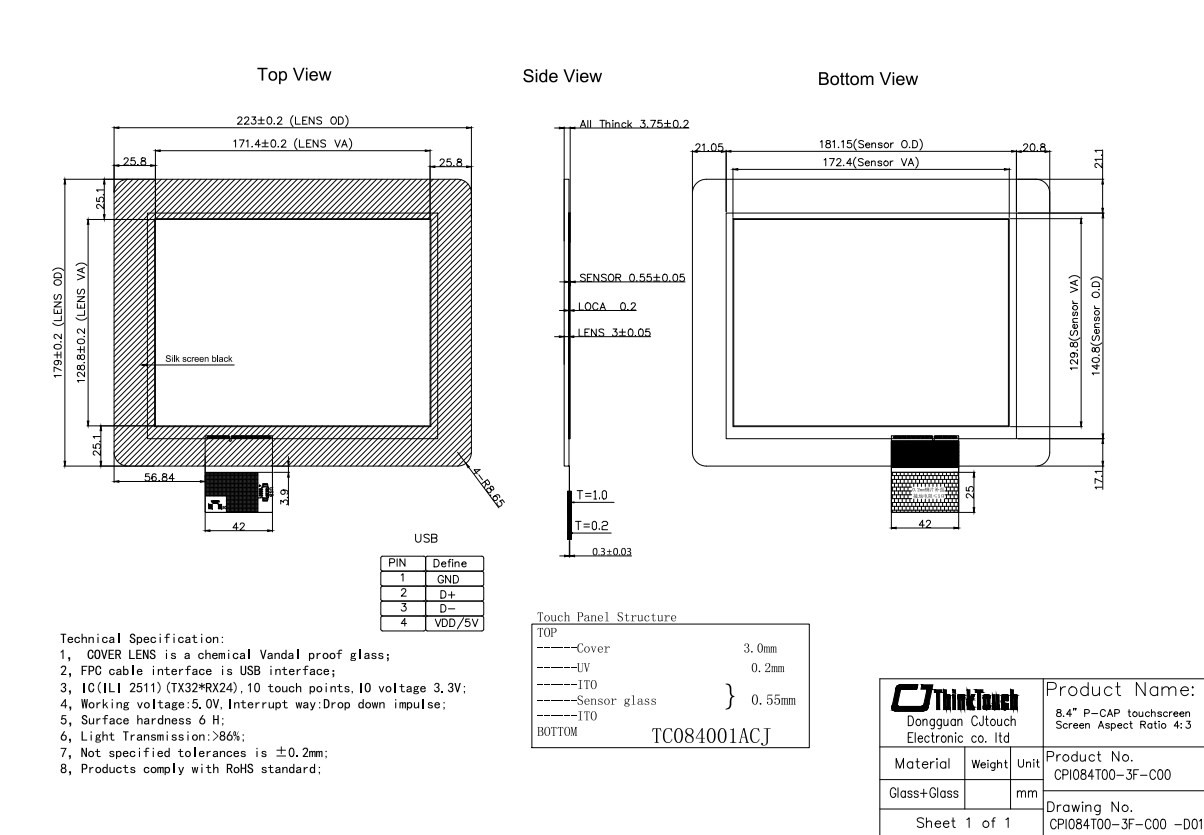 Small Projected Capacitive PCAP Touch Screen For Gaming Machines 8.4 Inch