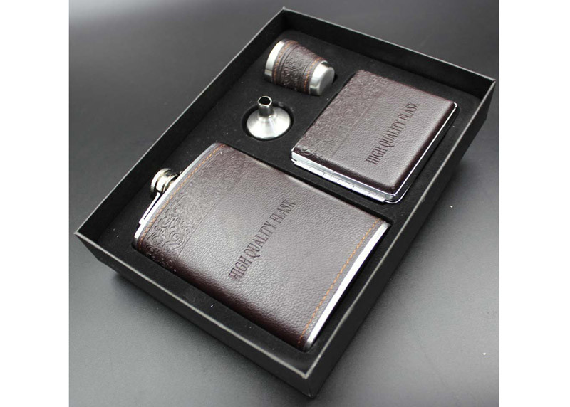 Leather 9 Oz Mens Hip Flask Set With White Wine Bottle / Cup / Funnel