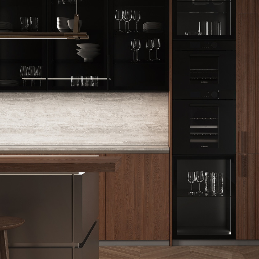 Contemporary Wood Grain Kitchen Set Furniture Cabinet And Stainless Steel Countertop For Apartment