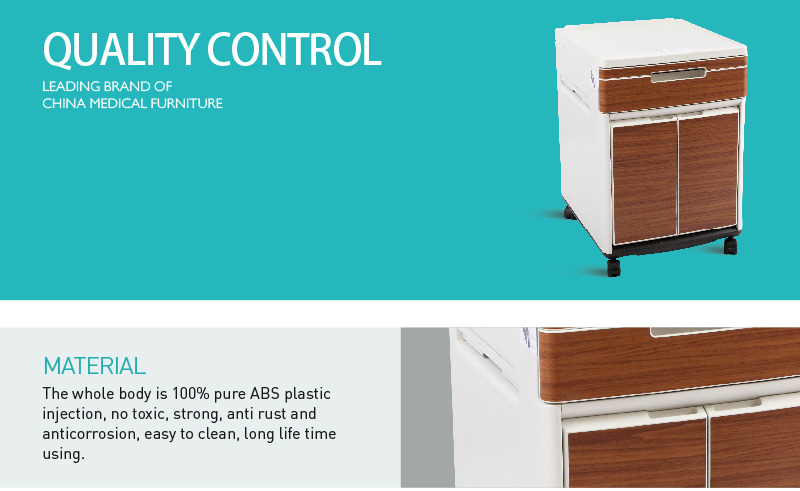 Movable Medical Room Furniture ABS Plastic Steel Hospital Storage Bedside Table with Casters