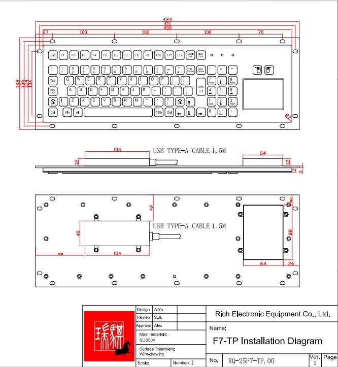 IP65 / IK07 Industrial Stainless Steel Keyboard With Full Functional 2 Keys Touch Pad