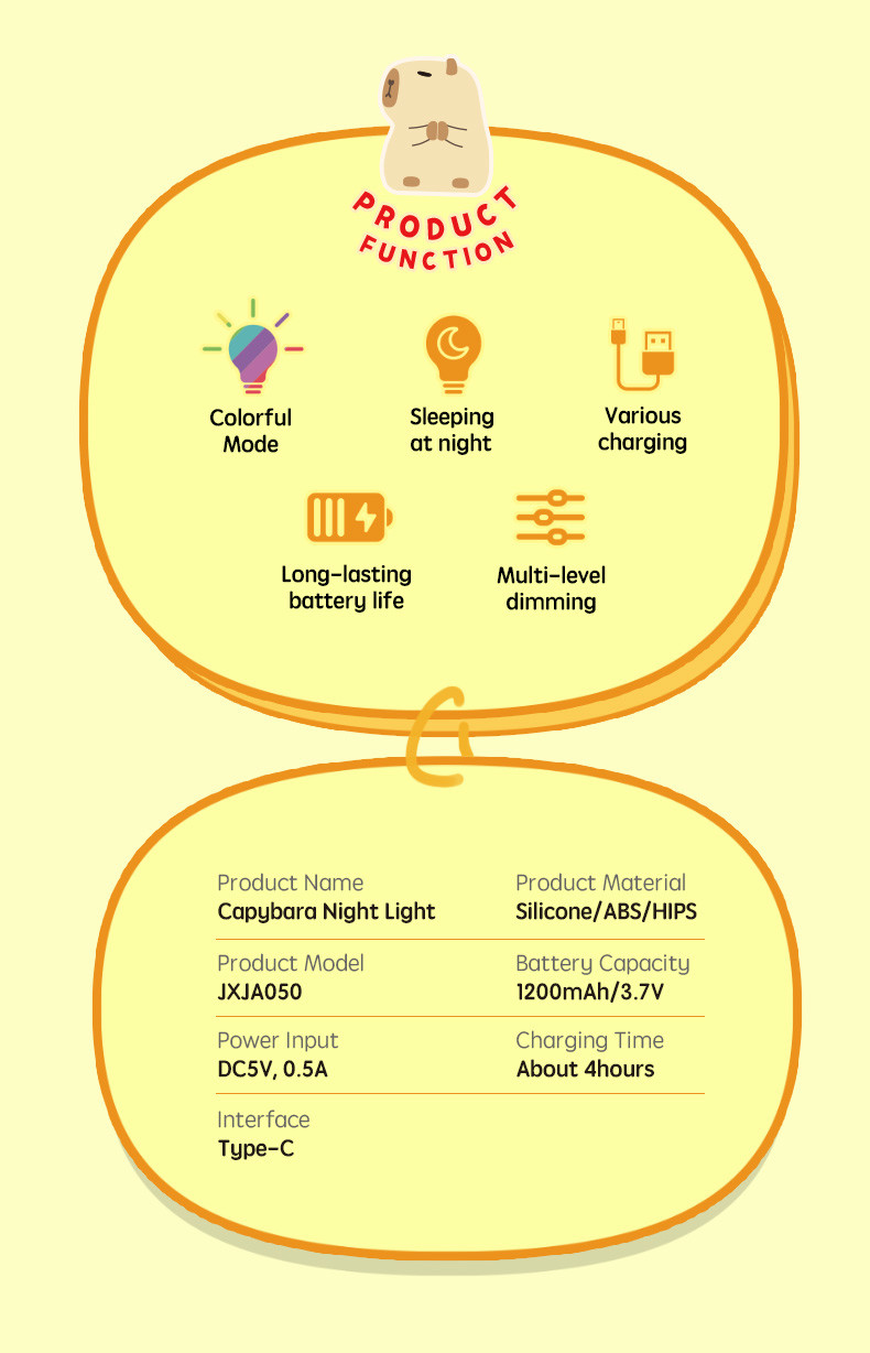 Funny Cartoon Capybara Night Light Tap Control 1200mAh Rechargeable Sleeping Night Light With 7 Changeable Color