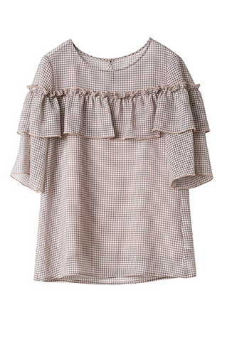 Ladies Short Sleeve Plaid Blouse With Ruffle
