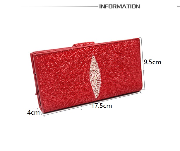 Authentic Real Stingray Skin Women's Long Red Wallet Lady Card Holders Genuine Leather Female Large Phone Clutch Purse