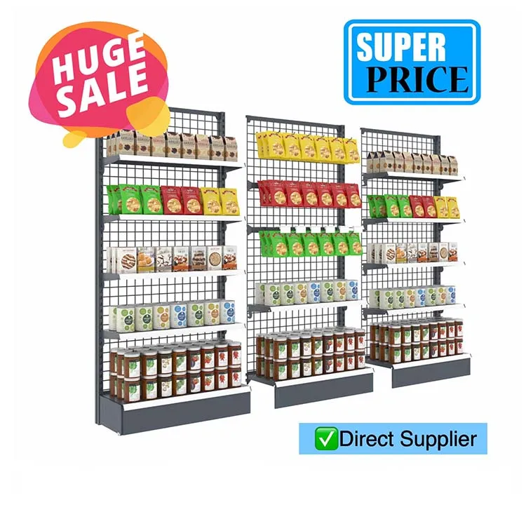 Grid Mesh Back Gondola Shelving Heavy Duty Supermarket Rack Single Sided