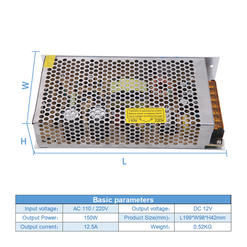 Aluminum Case 12.5A Switch Power Supply 110V 220V AC To DC 12V 12V 150W