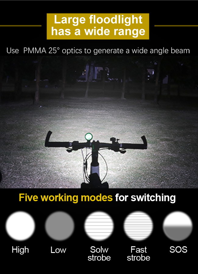 Aluminum Rechargeable Bike LED Flashlight 2000 Lumen IP65 Waterproof