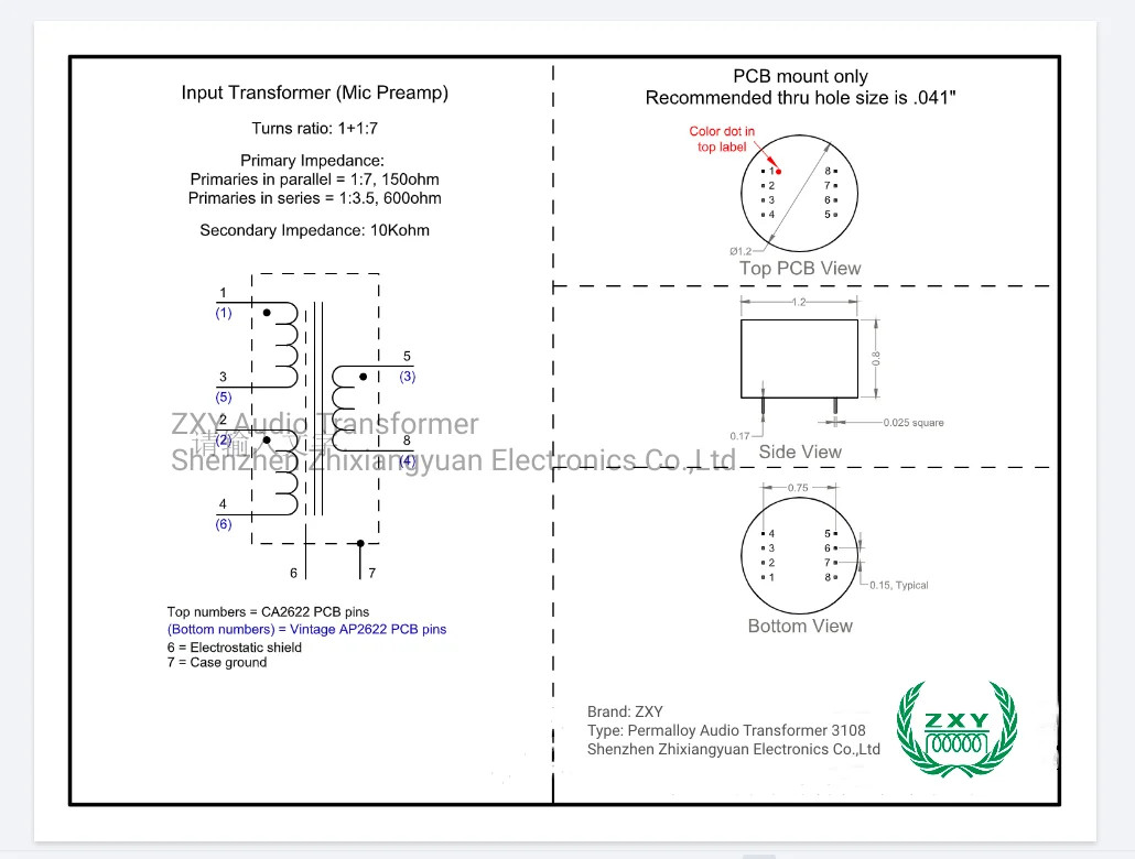ZXY3108 Audio Isolation Amplified Audio Cattle Step-Down Transformer Permalloy 600 : 10K 150/600 : 10K 1+1 : 7
