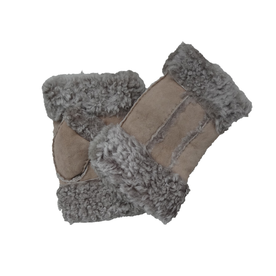 Stock Ladies Lambskin Gloves with Curly Fur Trim Cuff Shealring Sheepskin Fingerless Gloves