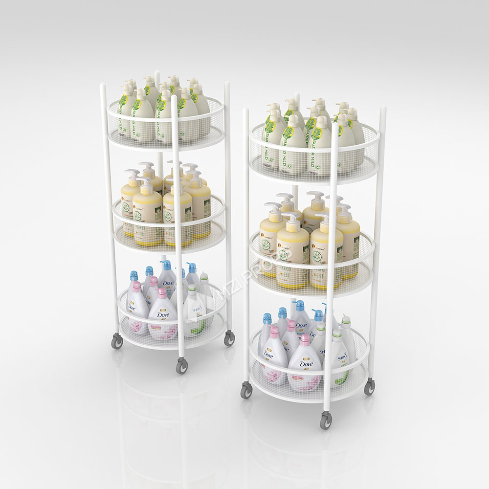 White Multi-Layer Circular Iron Display Rack With Universal Wheels For Retail Shop Display Furniture