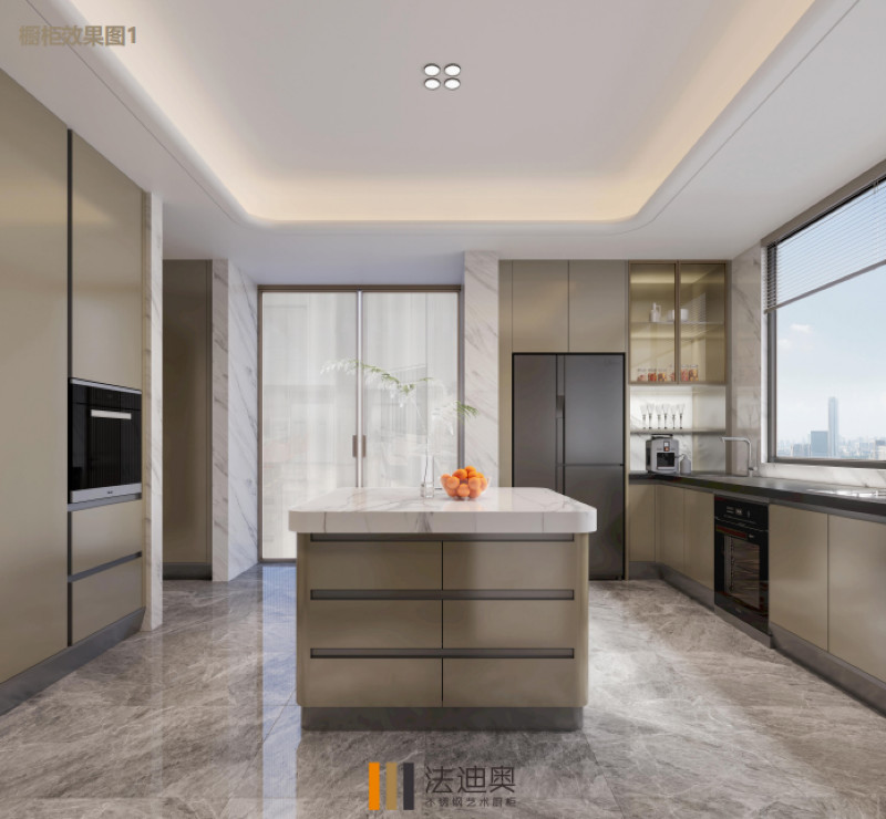 Full Encompassing Modern Kitchen Cabinet With Mica Brown Finish And Central Square Island