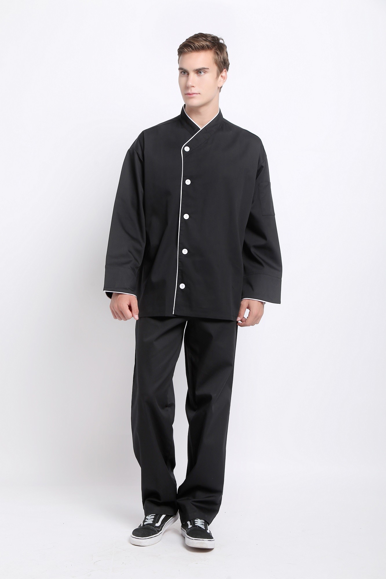 White Cutton White Edage Black Chef Suit