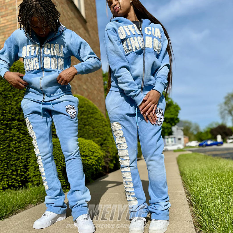 ODM Distressed Tracksuit Full Face Zip Up Sweatshirt And Joggers Set Puff Embroidered