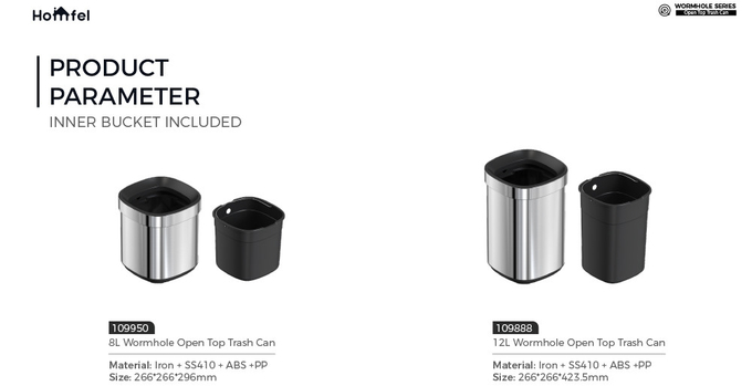 Stylish Rectangular Stainless Steel Open Top Trash Can Without Lid for Household Storage Bucket 8L/12L/20L/30L