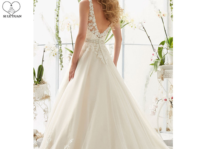 Plus Size Long Tail Bridal Gown V Neck Sleeveless Lace Backless Beaded Belt