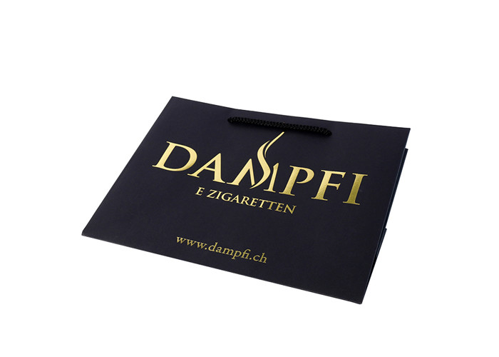 Black Printed Paper Bags With Custom Gold Foil Logo Cotton Handle Rope Pantone Colors