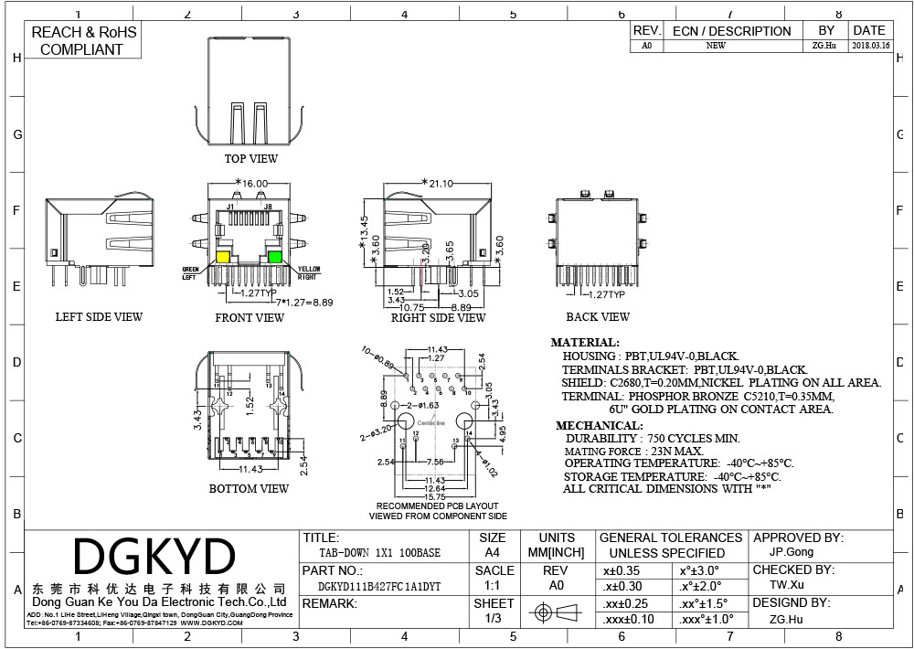 Modular Single Port RJ45 DIP Connector With LED