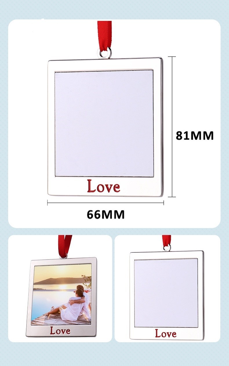 Christmas Decorations Sublimation Blank Metal Pendants With Red Hanging Rope Christmas Photo Frame Ornaments